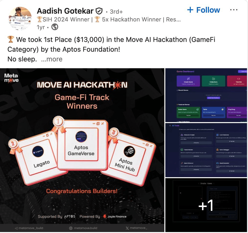 Move AI Hackathon Game-Fi track first place by Aptos Foundation